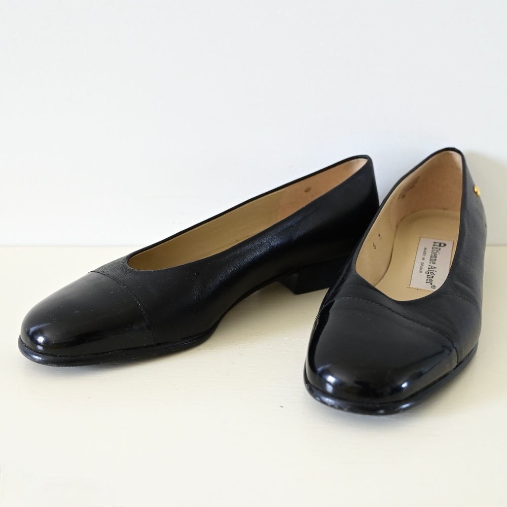 1990s Etienne Aigner Black Leather Cap Toe Ballet Flats Size 6 M | Made in Spain